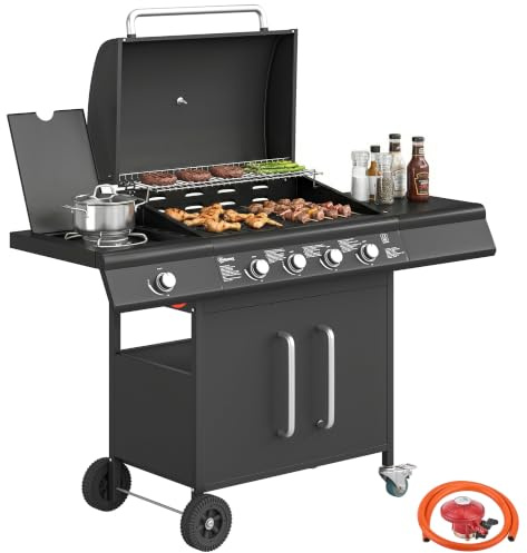 Outsunny 4+1 Burner Gas BBQ Grill with Storage Cabinet, 15.2 kW, Black