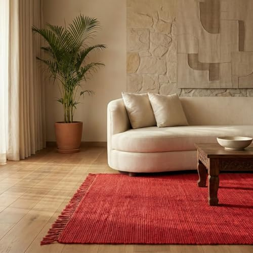 Elegant Floors® Chindi Teppich ROT 140x200 cm handgewebt aus Baumwolle – nachhaltiger Flachgewebe Teppich, wendbar und pflegeleicht