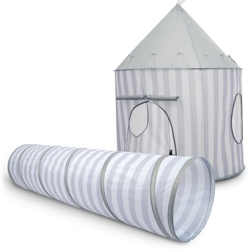 Relsy Grey Tunnel & Play Tent For Kids Bundle, Indoor/Outdoor Playhouse Foldable Play Tent For Children With 180cm Pop-Up Tunnel, Ball Pit & Garden Toys, Soft Grey Striped Design