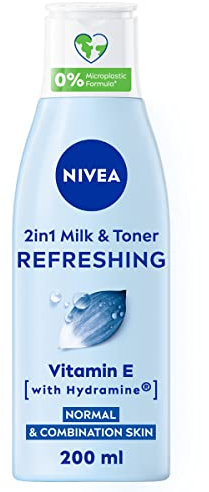 NIVEA 2-in-1 Refreshing Milk & Toner (200ml), Face Cleanser with Vitamin E and Hydramine, Deeply Cleanses, Tones, and Intensively Moisturises Skin, Make-Up Remover