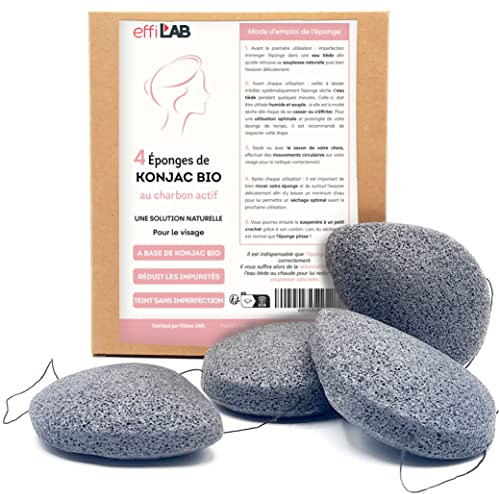 Bio-Konjac-Schwamm für das Gesicht kombiniert mit Aktivkohle | Set mit 4 Schwämmen in Tropfenform | Natürlich reinigender Gemüseschwamm