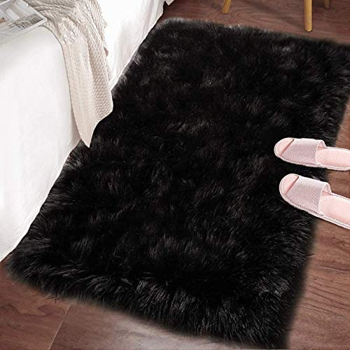 HDWL Weißer Flauschiger Kunstpelzteppich Für Wohnzimmer Superweicher Schaffell-Teppich Anti-Rutsch-Yogamatte Schlafzimmer Bodensofa Shaggy Silky Plüsch Teppich,Black-60X90