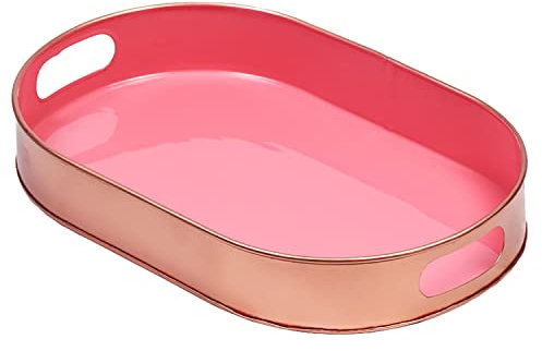 MARRAKESCH Boho Deko Tablett Serviertablett Oval aus Metall 32cm groß mit Henkel Aarhus rosa Skandinavische Asthetic Deko für Wohnzimmer
