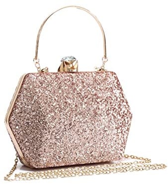 PLUSPUP Women's Eye-catching Party Collection Shiny Rose gold Clutch Bag Evening Handbag (Hexagon Diamanti Studs)