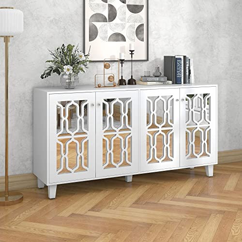Azkoeesy Buffet de 160 cm avec 4 portes en miroir en verre et poignées en cristal froid pour salon et salle à manger Blanc