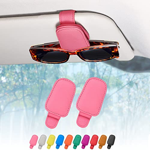 quipuda 2 Packs Sunglasses Holder for Car Sun Visor Accessories, Magnetic Geniune Leather Car Sunglass Holder, Glasses Clip for Automotive Eyeglass Hanger, Ticket Card Clip (Pink)