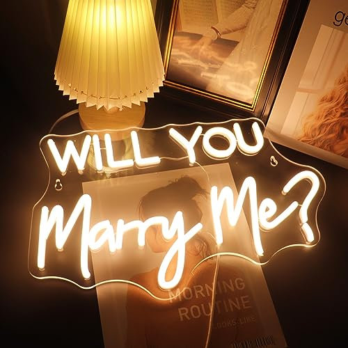 QiaoFei Led Will You Merry Me Neon Sign Word Letters USB Powered with Dimmer Switch Neon Lights for Home Bar Art Wall Decor Party Window Living Room Wedding Engagement Hanging Decoration (Warm white)