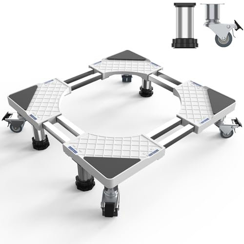 DEWEL 4 pieds + 4 roues - Support de machine à laver pour réfrigérateur - Socle de machine à laver réglable pour sèche-linge, charge d'ours 500 kg, largeur réglable 47-67 cm, hauteur 13,5 cm