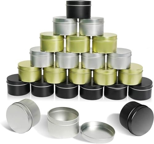 24 Pièces Bocaux en Aluminium Vides 110ml Pots pour Bougies, Stockage d'épices Sèches, Bonbons et Biscuits, Contenants Cosmétiques Pot pour Crème, Lotion, Baume à Lèvres (Or, Argent, Noir)