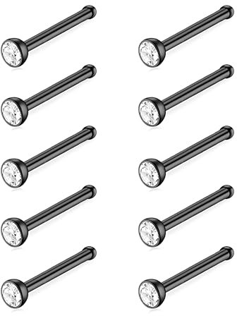 Decentraland 10 Stück Schwarz-Weiß (I-förmiger Nasenring) Nasenstecker aus Chirurgenstahl/Titan für Damen-Nasenloch-Piercing-Schmuck, 20 g