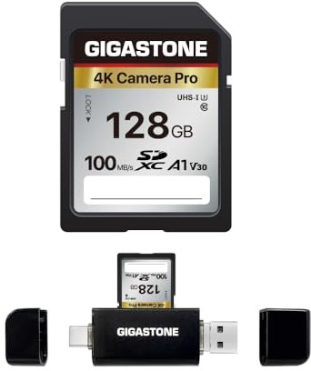 [5-Yrs Free Data Recovery] GIGASTONE 128GB SD Card with USB Type C Card Reader, 4K Camera Pro, A1 V30 U3 SDXC Memory Card Compatible with Canon Nikon Sony Panasonic Digital Camera, with 1 Mini case