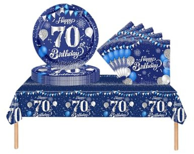 COSORO 37pcs Navy Blue 70th Birthday Decorations for Women,Men: Tablecloth, Paper Plates, Napkins for 70th Birthday Party