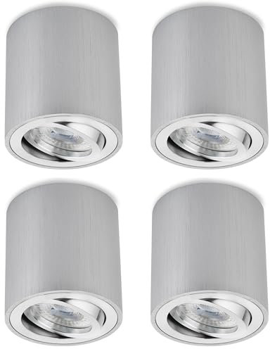 Sweet Led Aufbauspot GU10 Silber gebürstet – 4er Set Aluminium Deckenstrahler 230V – LED Spots deckenleuchte rund (7W warmweiß) schwenkbar, inkl. Leuchtmittel – spotlight Innenbeleuchtung