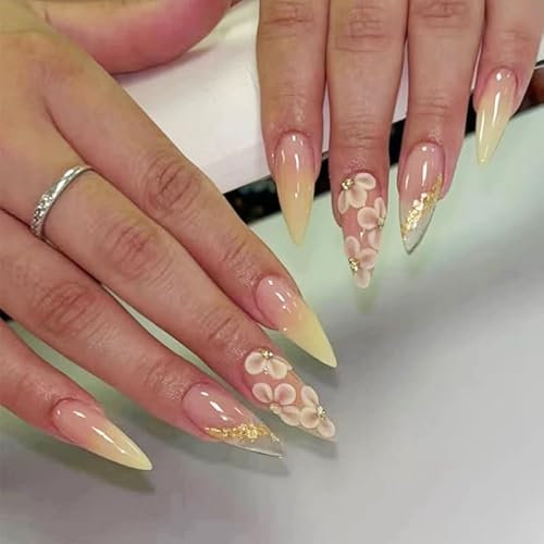 24pcs Long Almond False Nails - Yellow Ombre Flower with Rhinestone & Gem - Press On, Stick On, Glue On, Acrylic - Removable - Full Nail Tips - Fall/Autumn Women Nail Art Accessories