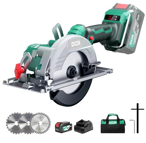 DCA Bürstenlose Akku-Handkreissäge 20V mit 4,0Ah Akku, 2-Gang 6700/4200RPM Kreissäge, 3 Sägeblatt Ø125mm mit Führungsschiene, 45mm(90°)/33mm(45°) Schnitttiefe, Mini Kreissäge für Holz, Plastik, PVC