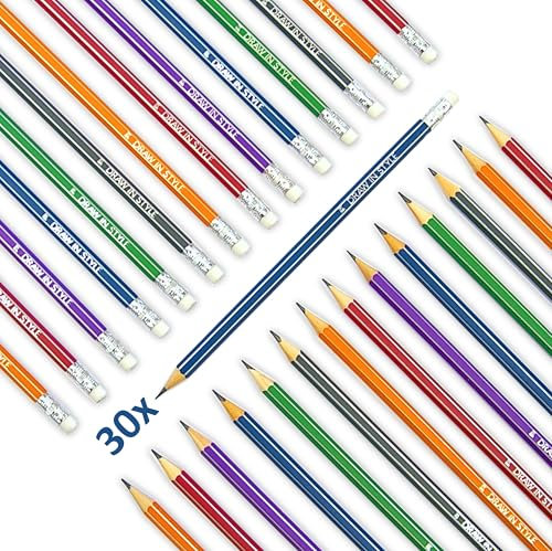 30x Bleistifte HB mit Radiergummi - 6 Farben - vorgespitzt - sechseckig - zum Zeichnen und Schreiben - für Schule, Büro, Uni und Zuhause - Bleistift Pencil Pencils