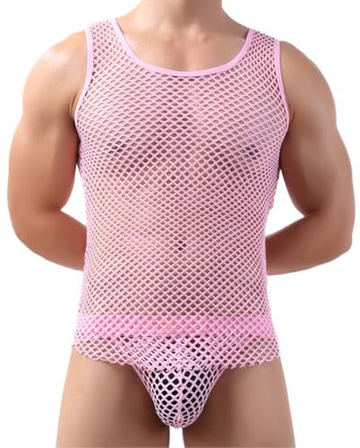 Chaleco de malla para hombre, camiseta sin mangas de rejilla transparente para fiesta, camiseta ajustada malla con cuello redondo y músculos, camiseta interior hueca entrenamiento, gimnasio