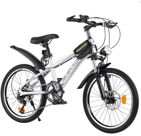 LNRLZYLS Kids Bike for Boys & Girls Ages 7–12, 20/24 Inch Mountain Bicycle with 7-Speed Gear, Dual Disc Brakes, Suspension Fork, LED Headlight – Youth Bike for Outdoor Riding (Silver, 20 inch)