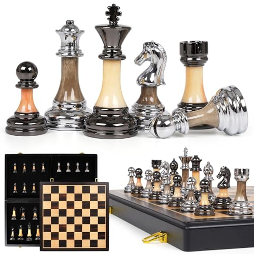 Luxury Large Metal & Acrylic Chess Set with Wooden Chess Board (17”) – Weighted Metal Pieces with 3.5” King, Foldable Tournament Chess Set for Adults & Kids, Professional Family Board Game