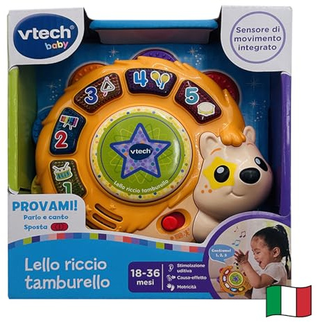 VTech Lello Riccio Tamburello, interaktives Musikspiel für Kinder mit Lern- und Tanzmodus, Kindertrommel mit 50 Sätzen und Liedern, italienische Sprache, Batterien im Lieferumfang enthalten, 18-36