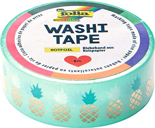 folia 26110 - Washi Tape, Klebeband aus Reispapier, Hotfoil gold Ananas, 1 Rolle ca. 5 m x 15 mm - ideal zum Verzieren und Dekorieren