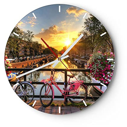 Modern Wanduhr Bikes Kanal Amsterdam Architektur 40x40cm Rund Groß Wand Uhr Glas Analog Zimmeruhren Küche Büro Wohnzimmer Glasuhr Wall Clock Dekoration Design Wanddekoration Küchenuhr C3AR40x40-3081