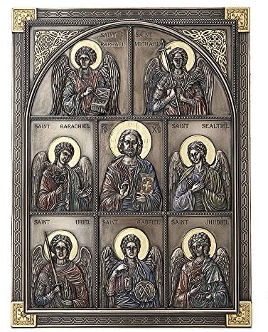Veronese Design Wandskulptur Jesus und die sieben Erzengel, klassischer Stil, Antik-Bronze-Finish, 31 cm