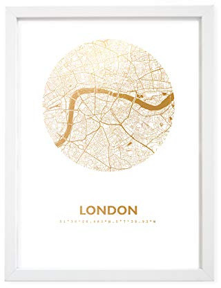 London England Karte - Personaliserte Stadtplan Poster Rund in S/W Rose Gold Silber Kupfer - A4 A3 - Stilsichere Wandbilder Geschenke Arbeitszimmer Wohnzimmer Andenken Heimatstadt