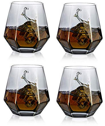 Glasseam Ensemble De 4 Verres à Whisky Diamantés en Verre Scotch Incliné 300 ML en Verre à Whisky Look Moderne pour Hommes Femmes, Papa, Mari, Amis, Verrerie pour Gobelet à Bourbon/Rhum/Bar