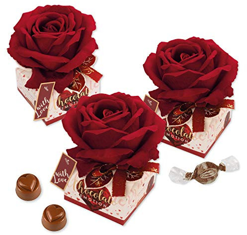 Günthart 9 Stoffrosen | auf Box | gefüllt mit feinen Pralinen | rote Rose | Geschenkidee | chocolate emotion