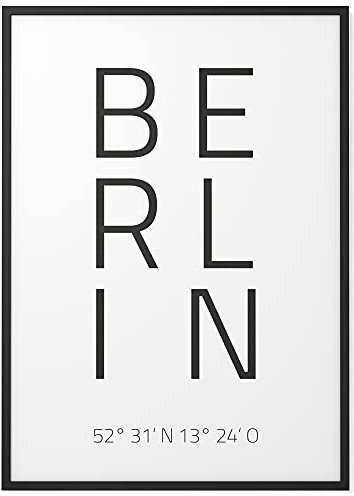 Papierschmiede® Geo Poster Koordinaten Berlin, A4 Gerahmt im Holzrahmen (schwarz), Stadt Bild als Wanddeko für Wohnzimmer Schlafzimmer Küche Esszimmer, Hauptstadt Großstadt Bärliner