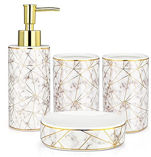 Bathroom Accessories Set, 4 Piece Ceramic Bath Accessory Set Includes 2Pcs Toothbrush Holder/Tumbler, 300ml Liquid Soap or Lotion Dispenser & Soap Dish Marble Pattern Bathroom Storage