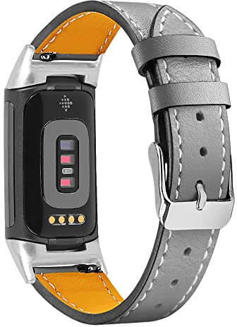 Gimuk Compatible with Fitbit Charge 5 Strap for Women Men, Genuine Leather Adjustable Sports Strap Replacement Wristband for Charge 5 Tracker Small Large (Grey)