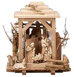 Weihnachtskrippe aus Holz mit Hütte in Form einer Laterne, alles handgefertigt in Gardena-Tal (brüniert)