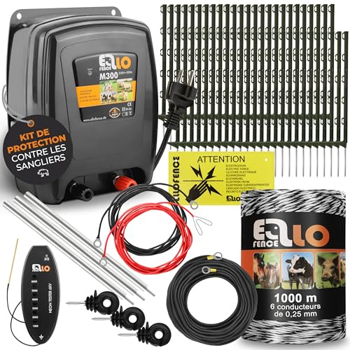 Ellofence Wildschweinabwehr Set 250m | Wildschweinschutz durch Stormzaun | ALL-IN-ONE Set | Starkes 230V Weidezaungerät, 1000 Litze, 40 Pfähle, 50 Ringisolatoren, Erdung, LED Prüfer & Warnschild