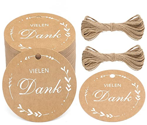 G2PLUS VIELEN DANK Geschenkanhänger, 5CM Dankeschön Geschenke Anhänger, Runden Danke Karten Anhänger für Gastgeschenke, 100stk Braun Etiketten Anhänger mit Schnur für Dankeschön Geschenke