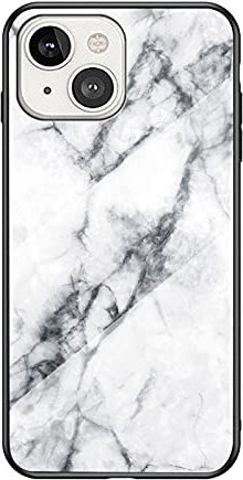 iPhone 14 Phone Case 6.1 Inch, Marble Pattern Design Ultra-Thin Anti-Scratch Tempered Glass Back Cover Slim Silicone Bumper Shockproof Protective Case for iPhone 14 5G, White Marble