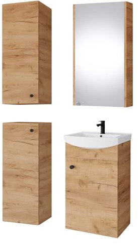 Planetmöbel Badmöbel Set Waschtisch mit Unterschrank 45 x 60 x 33 cm mit Spiegelschrank 40 cm, 2X Midischränke für Badezimmer, Gäste WC & Bad, Gold Eiche