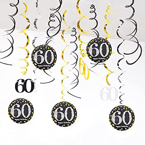 TJYAEKLTD 60.Geburtstag deko, 22 Stücke Schwarz Gold 60. Geburtstag Hängend Wirbel Dekoration, für 60 Geburtstag, Hochzeit, Jubiläum oder Partydeko