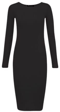 Crazy Fashion Womens Plain and Printed Long Sleeve Round Neck Stretch Jersey Bodycon Ladies Dress Midi All Season Solid Color Casual Dresses for Women Black 12-14