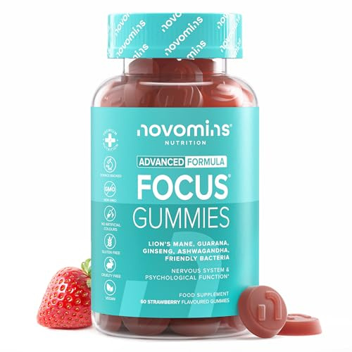 Focus Gummies Med Lion's Mane, Ashwagandha, Koffein, B12, 60 St, Novomins | 16 aktiva ämnen med ginkgo, guarana, ginseng, vitamin B12 och 10 mg koffein, för koncentration, energi och nervsystemet