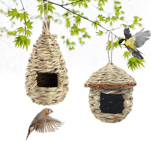 Durnrge Casetta per Uccelli, Casa per Colibrì per Esterni Nido per Uccelli Fatto a Mmano, Paglia Naturale, Marrone, 11 * 24 cm / 4.3 * 9.4 pollici