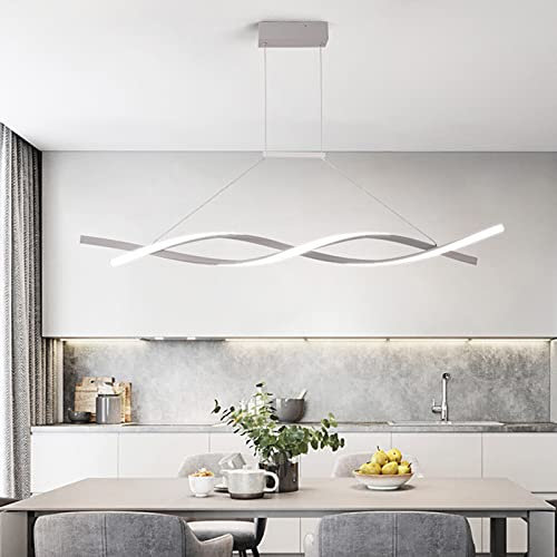 Pendelleuchte esstisch LED Dimmbar Wohnzimmer Hängelampe Modern Hängeleuchte mit Fernbedienung im Wellenförmig Design höhenverstellbar Innen Beleuchtung für Küche Büro Kronleuchter (Grau, 120cm)