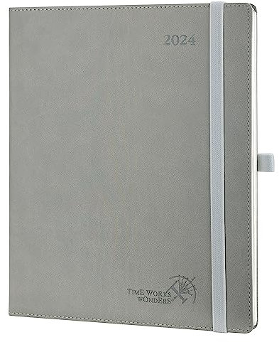 POPRUN Diary 2024 Week to View 26.5 x 21.5 cm Large PU Leather Soft Cover, Vertical 24 Weekly Planner with Appointment, Easy,track Corner, Elastic Closure, 100GSM FSC® Certified Paper - Grey