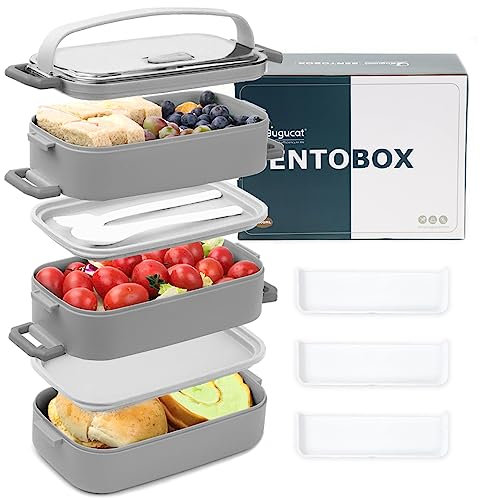 Bugucat Lunchbox 2400ML, 3 in 1 Bento Box Brotdose Auslaufsicher Luftdichte Brotzeitbox mit Fächern und Besteckset,Frühstücksbox Jausenbox für Unterwegs,Brotbüchse Vesperdose für Erwachsene Grau