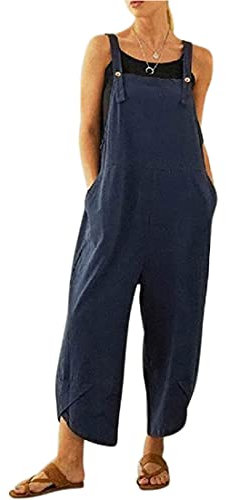 BRONG Salopette da donna casual allentata salopette in morbido cotone e lino tuta da donna ampia con spalline regolabili con tasche, Blu, S