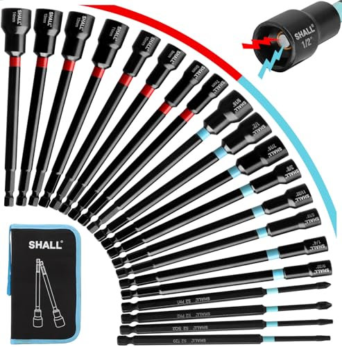 Shall 20PCS Magnetic Nut Driver Set, 6” Long Nut Drivers for Impact Drill, SAE & Metric 1/4” Hex Shank Nut Driver Bit & Impact Drill Driver Bit w/Power Screwdriver Bits PH1/PH2/SQ2/T20, Storage Bag