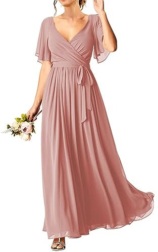 HPPEE Robes de soirée à manches courtes pour femmes et juniors en mousseline de soie longue avec col en V et poches, vieux rose, 42