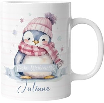 timalo® Tasse personalisiert mit Namen Geschenk „Frohe Weihnachten“ Kaffeetasse Jungen und Mädchen | Pinguin