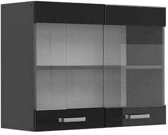 Vicco Meuble de Cuisine Haut vitré R-Line, Noir Haute Brillance/Anthracite, 80 cm